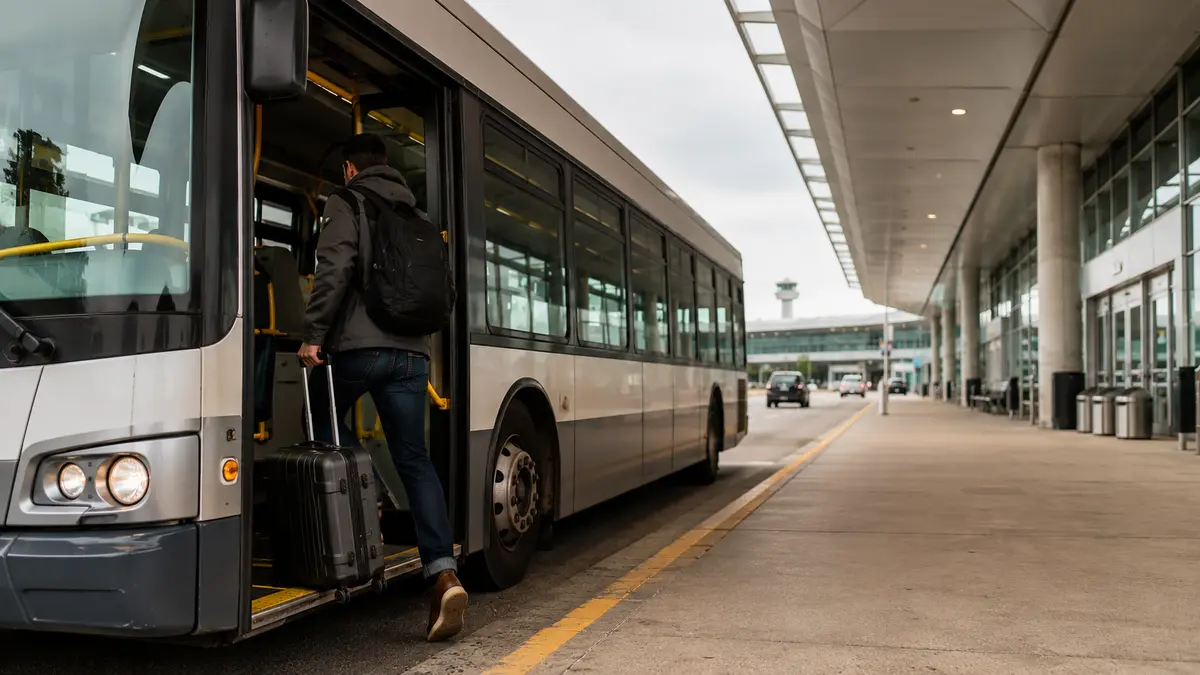Traveller boarding a transit bus with a suitcase at an airport curb