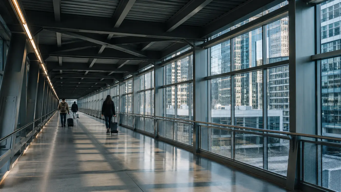 Travellers wheeling suitcases along a long enclosed glass pedestrian walkway connecting downtown buildings