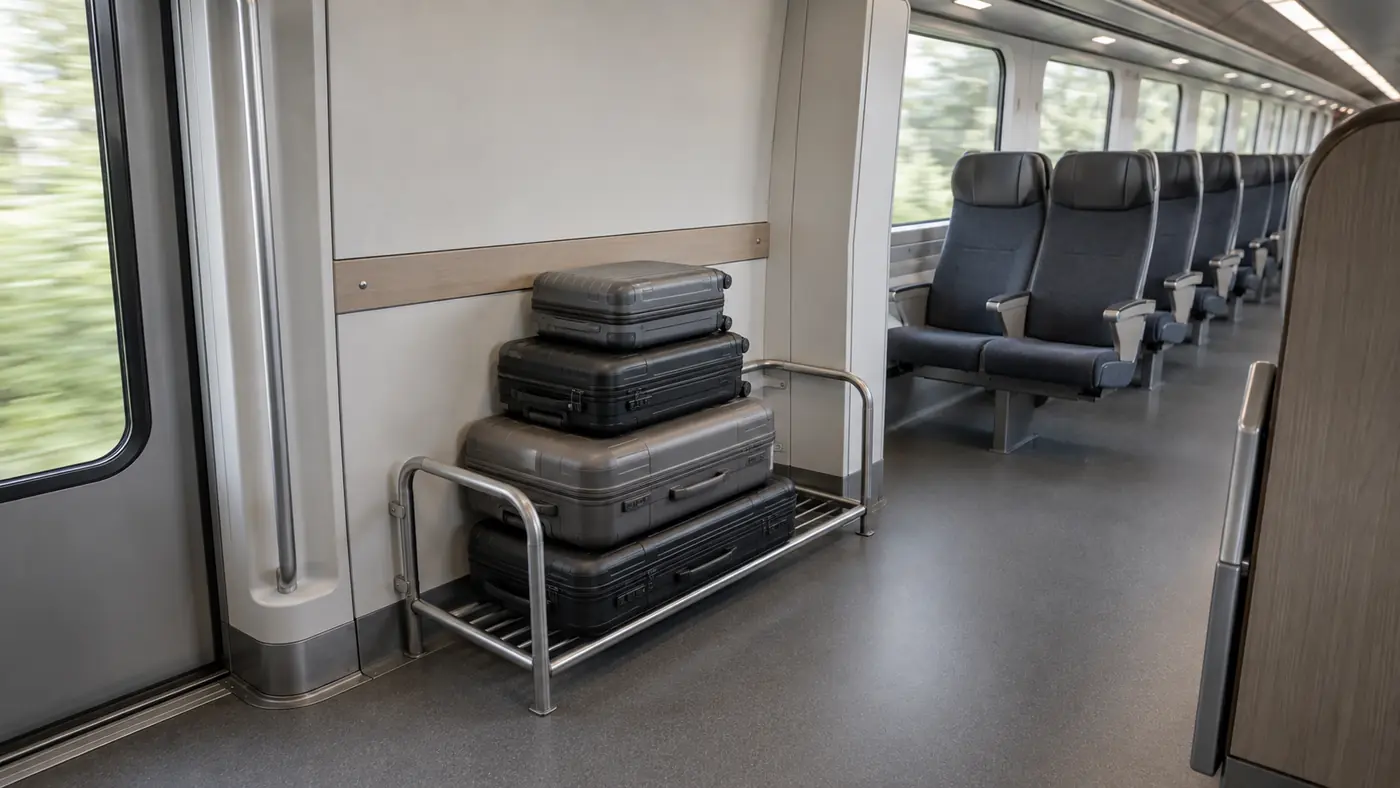 Suitcases stacked on a metal luggage rack beside the doorway inside a modern airport train carriage