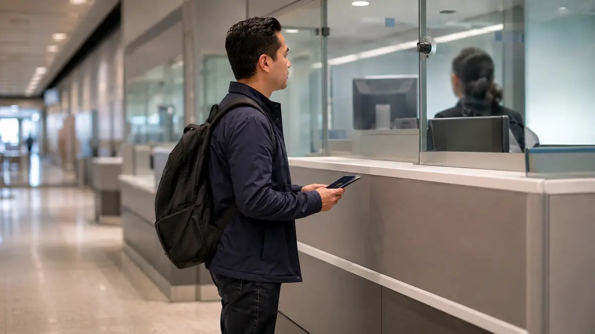 Traveller holding a passport at a preclearance inspection counter