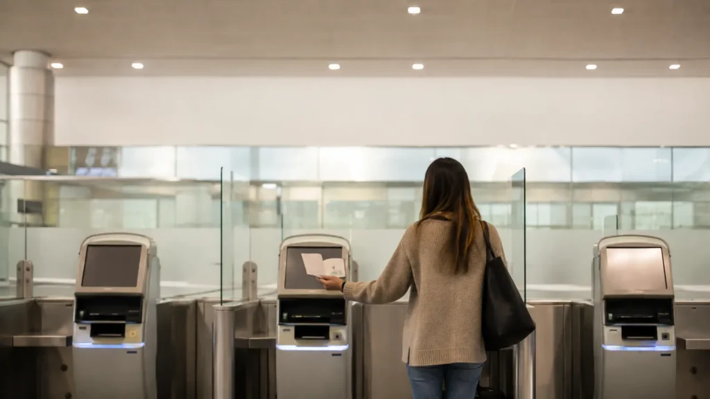 Traveller using a document kiosk inside a US preclearance hall at Toronto Pearson Airport