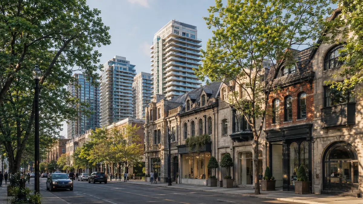 Tree-lined upscale street with heritage storefronts and towers in Yorkville, Toronto