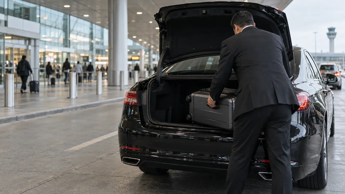 Chauffeur in a dark suit lifting a suitcase into the boot of a black sedan at an airport arrivals curb