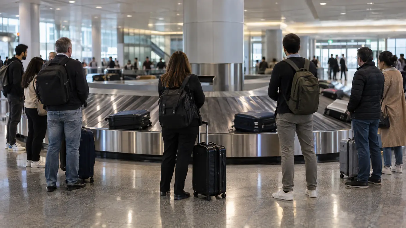 Travellers standing around a moving baggage carousel in a busy arrivals hall