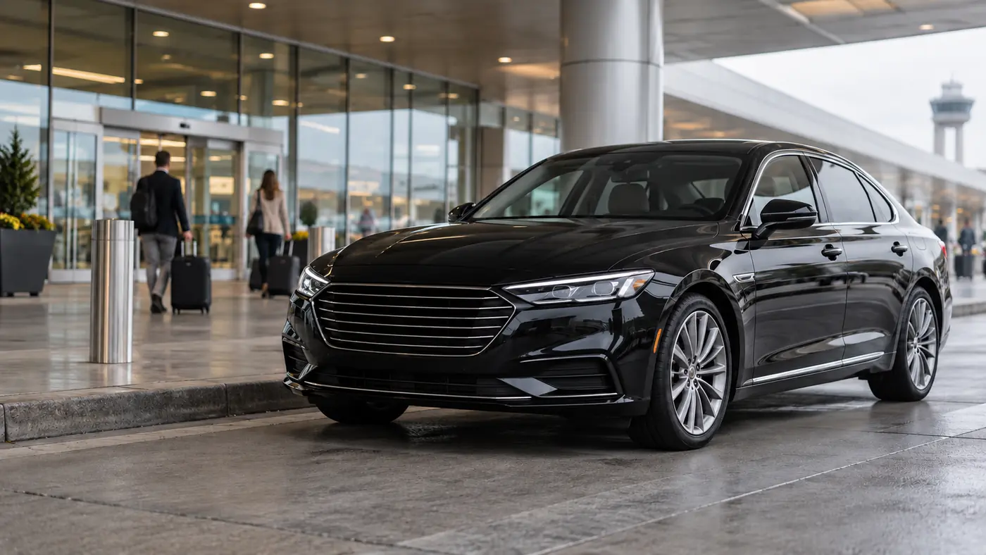 Black sedan stopped at a covered airport arrivals curb with the terminal entrance behind