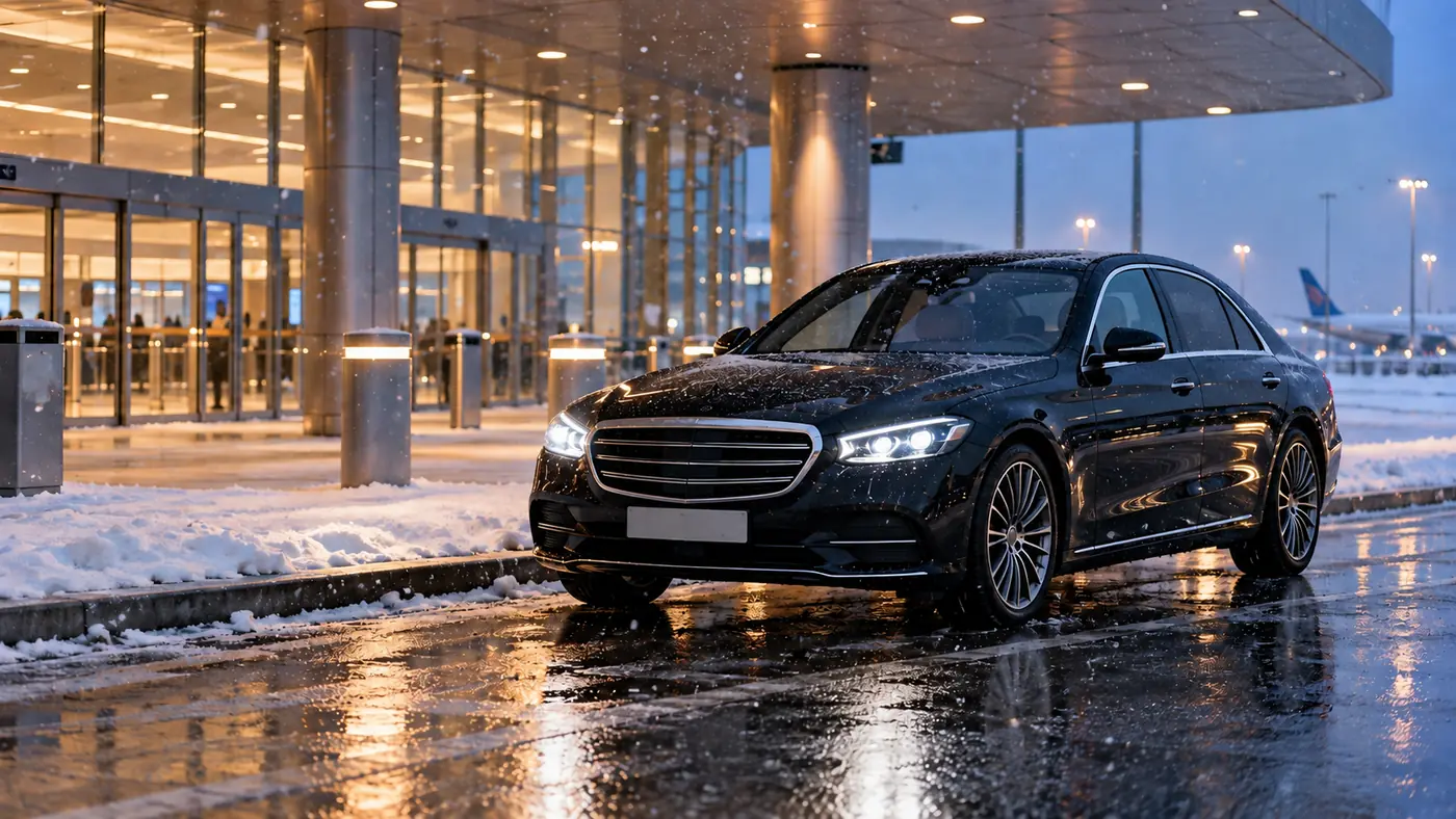 Black sedan waiting at an airport arrivals curb in falling snow with the terminal lit behind
