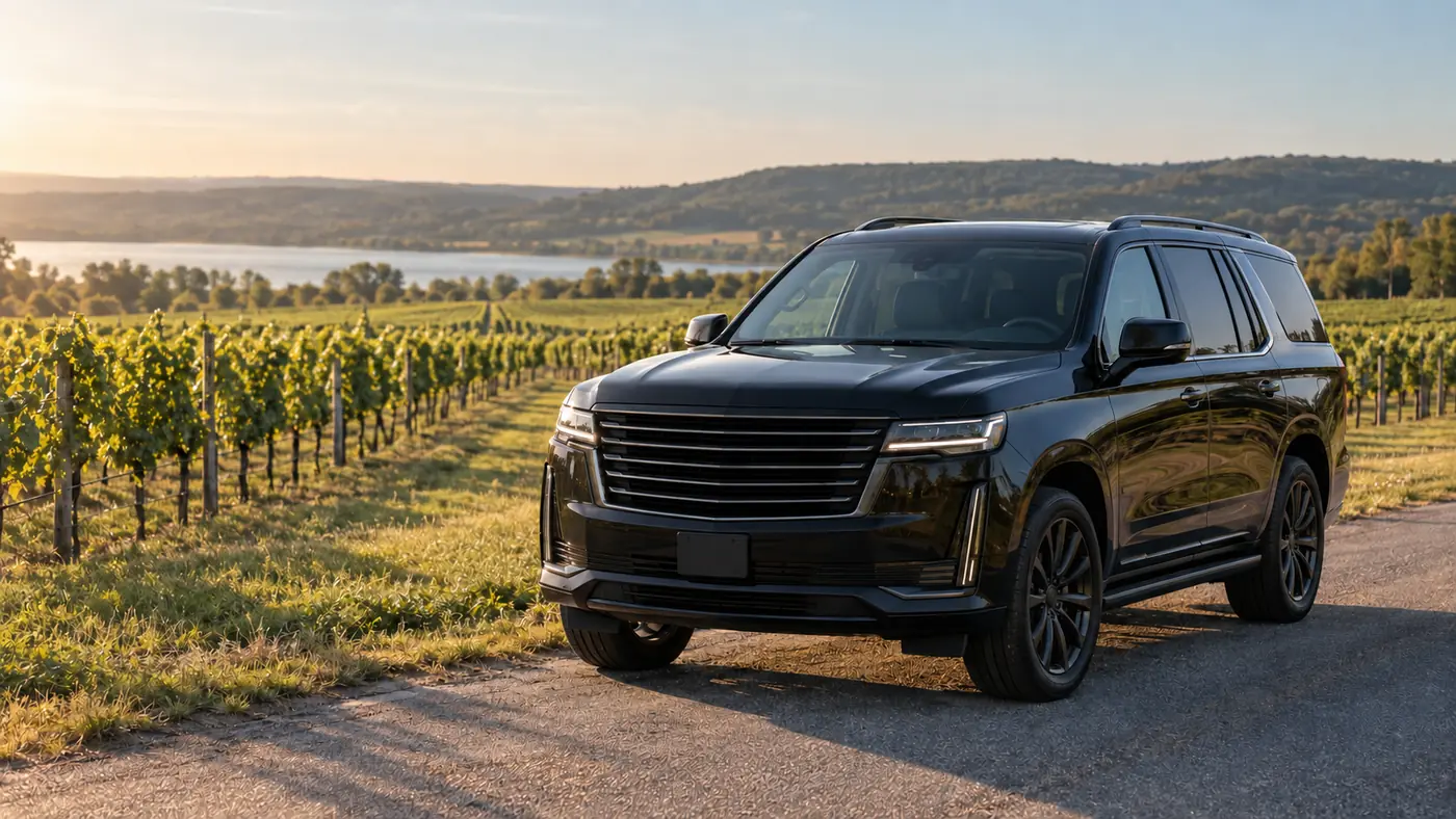 Black executive SUV parked on a quiet road beside rows of vines in a wine region