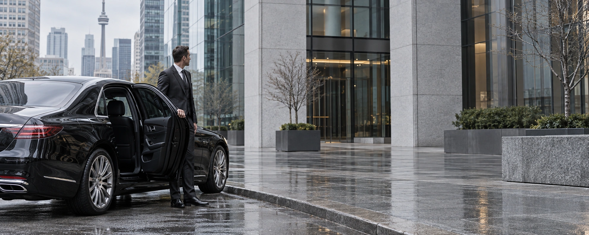 Obsidian Ride chauffeur beside a black executive sedan on a Toronto street