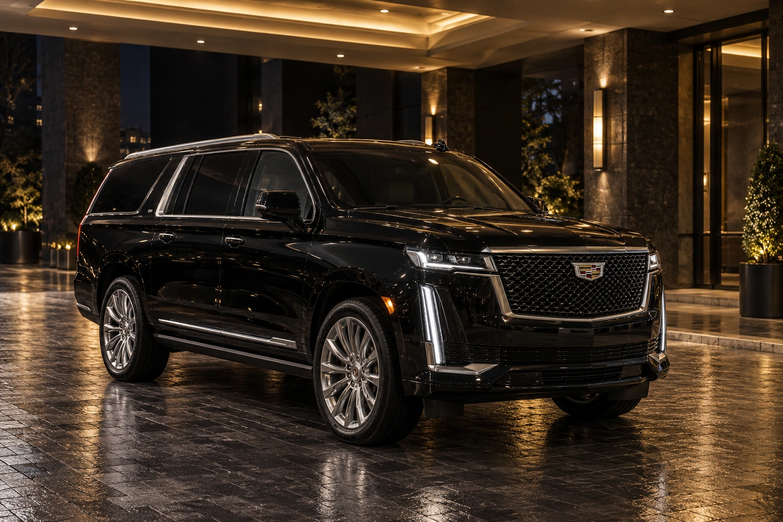 Black Cadillac Escalade ESV chauffeur SUV used for VIP arrivals and executive transportation in Toronto