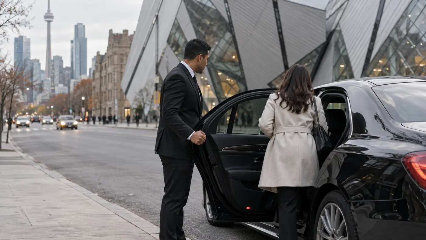 Chauffeur holding open the rear door of a black sedan for a passenger on a city street outside a large museum building