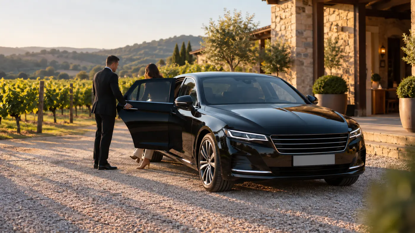 Black sedan parked on a gravel winery driveway with a chauffeur holding the rear door open