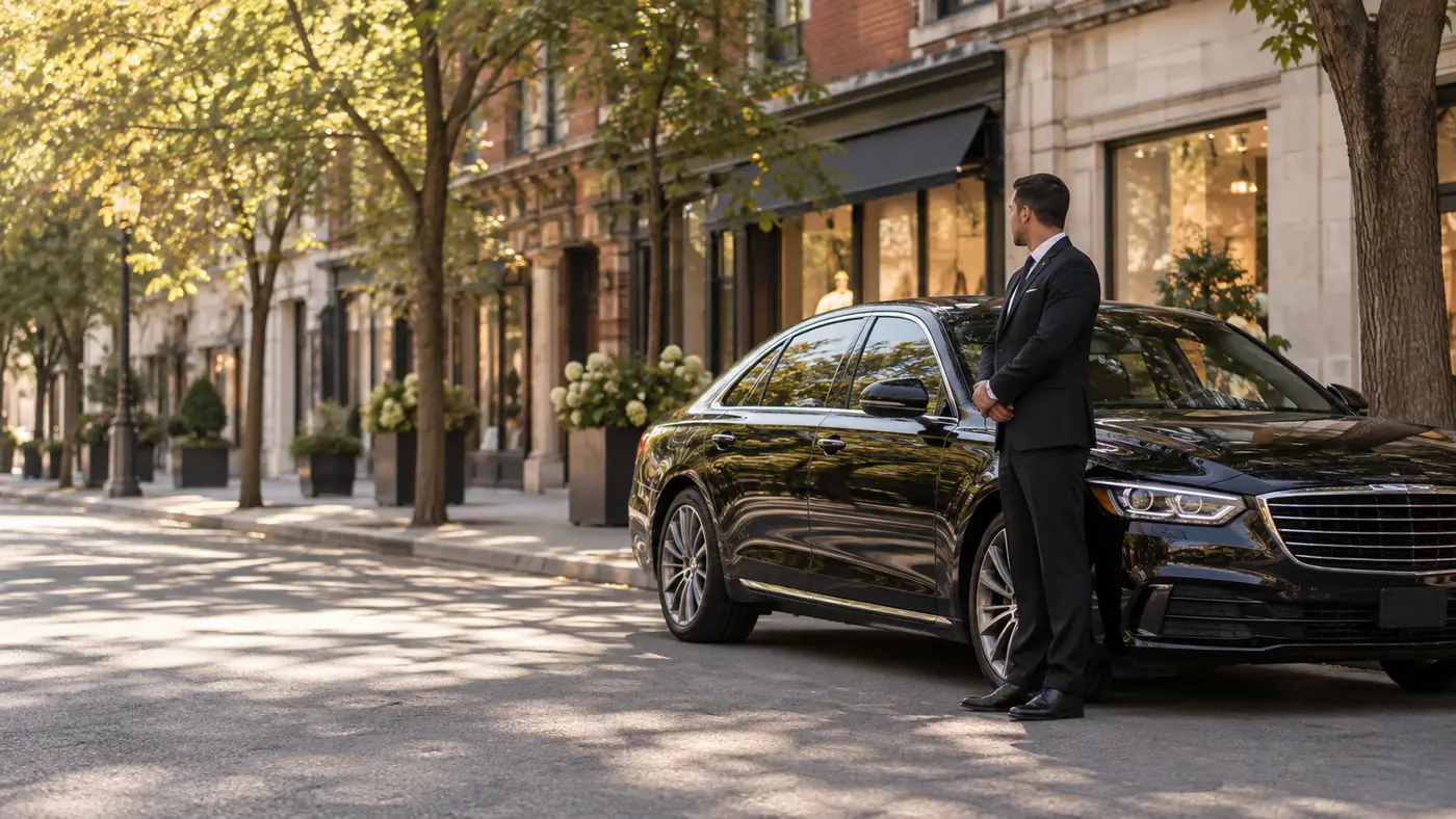 Black sedan with a chauffeur standing beside it on a tree-lined upscale shopping street in the afternoon