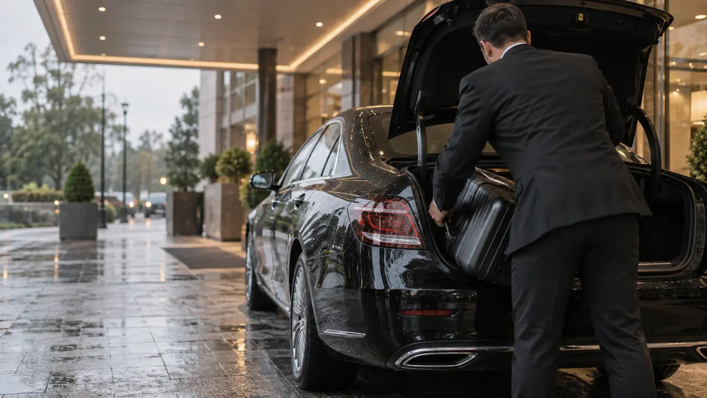 Chauffeur lifting a suitcase from the boot of a black sedan beneath a hotel entrance canopy