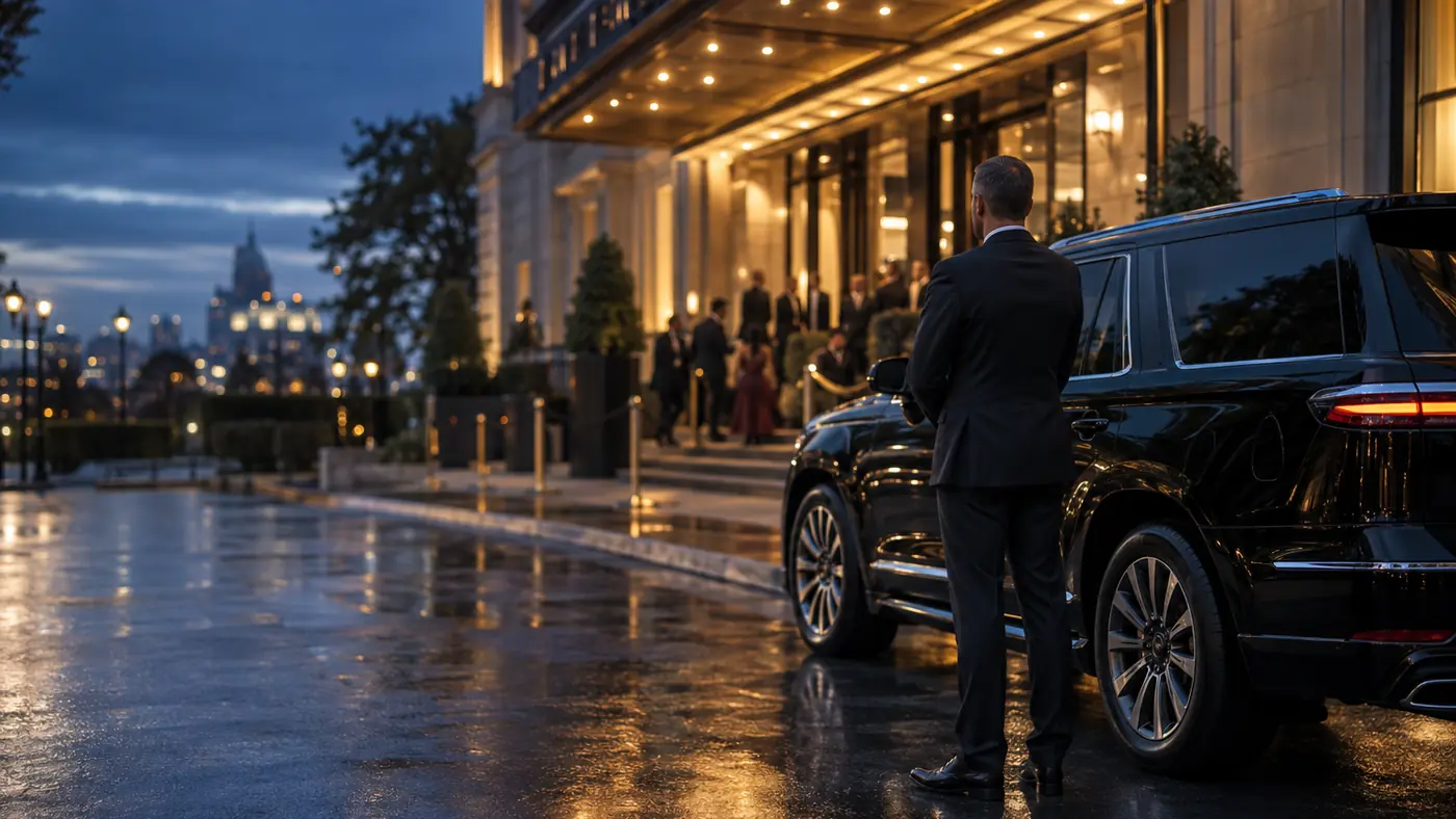 Chauffeur in a dark suit standing beside a black SUV outside a lit venue entrance in the evening