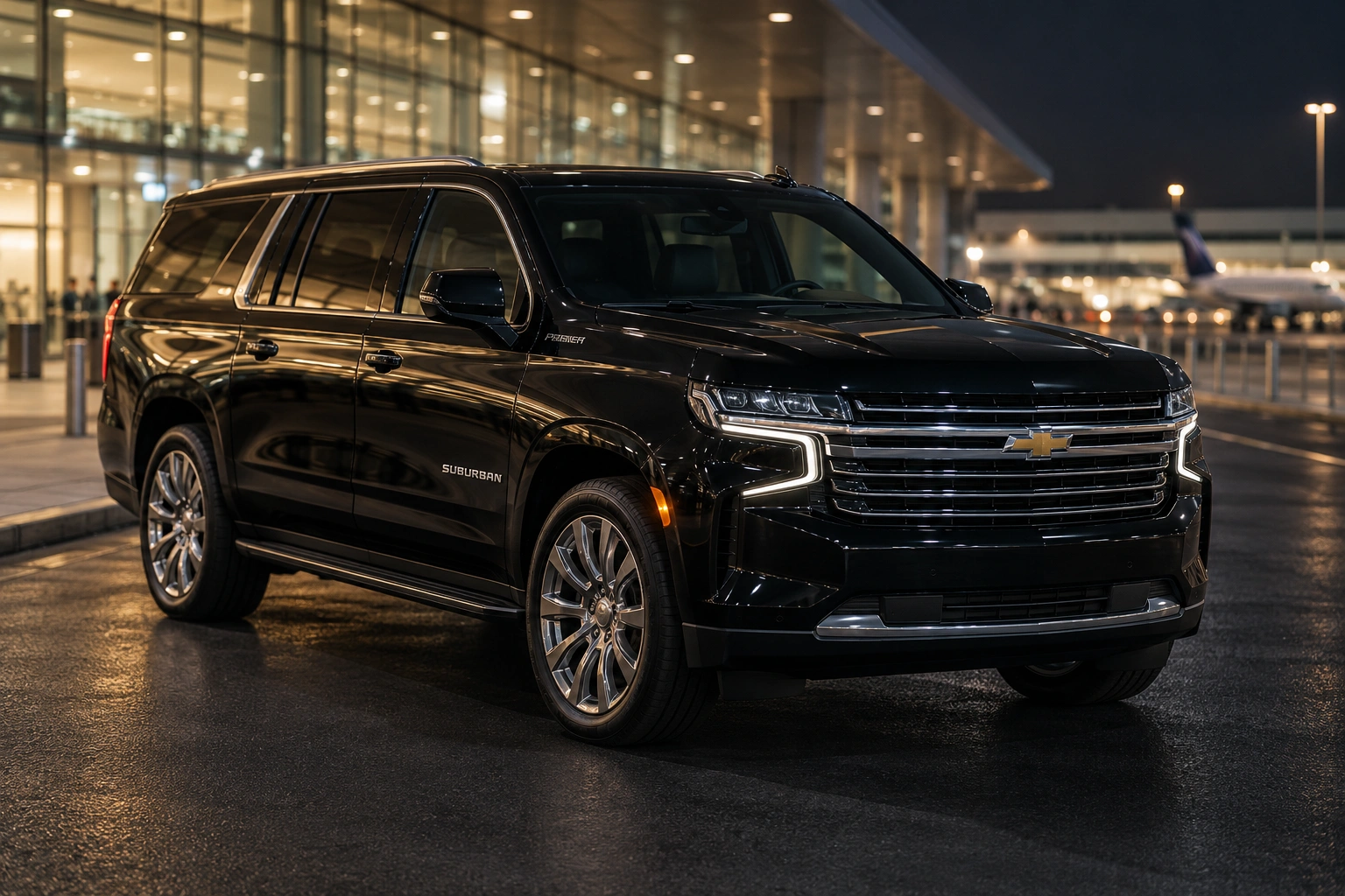 Black Chevrolet Suburban Premier SUV for group airport transportation and intercity chauffeur travel