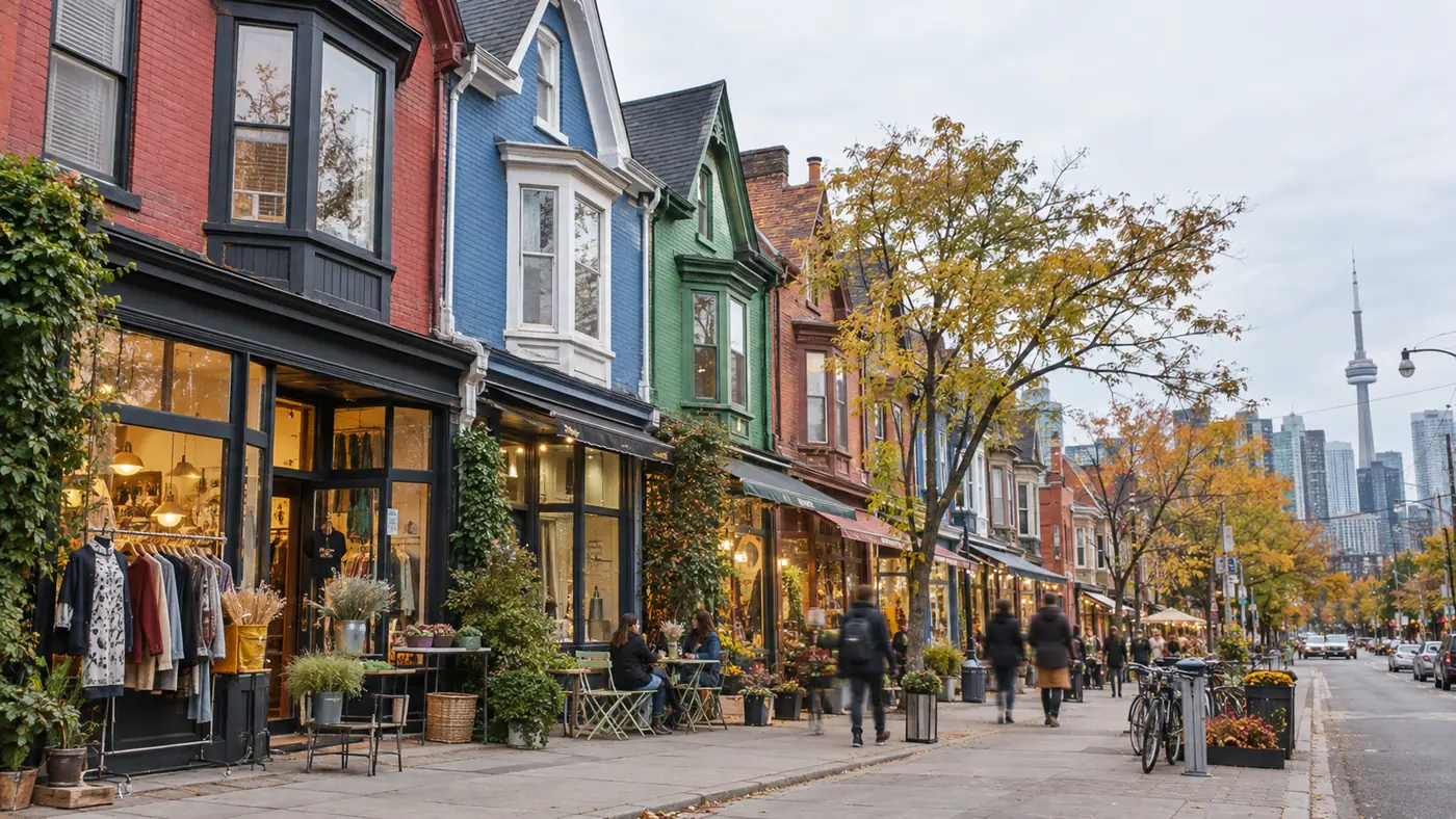 Narrow neighbourhood street lined with brightly painted Victorian houses converted into small shops and cafés