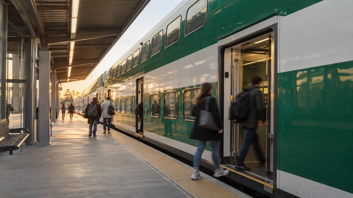 Green and white double-decker commuter train waiting at a covered station platform in the morning