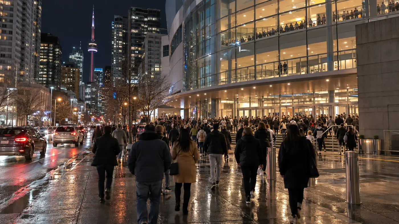 Crowds streaming out of a large arena onto a busy downtown street at night with traffic and streetlights