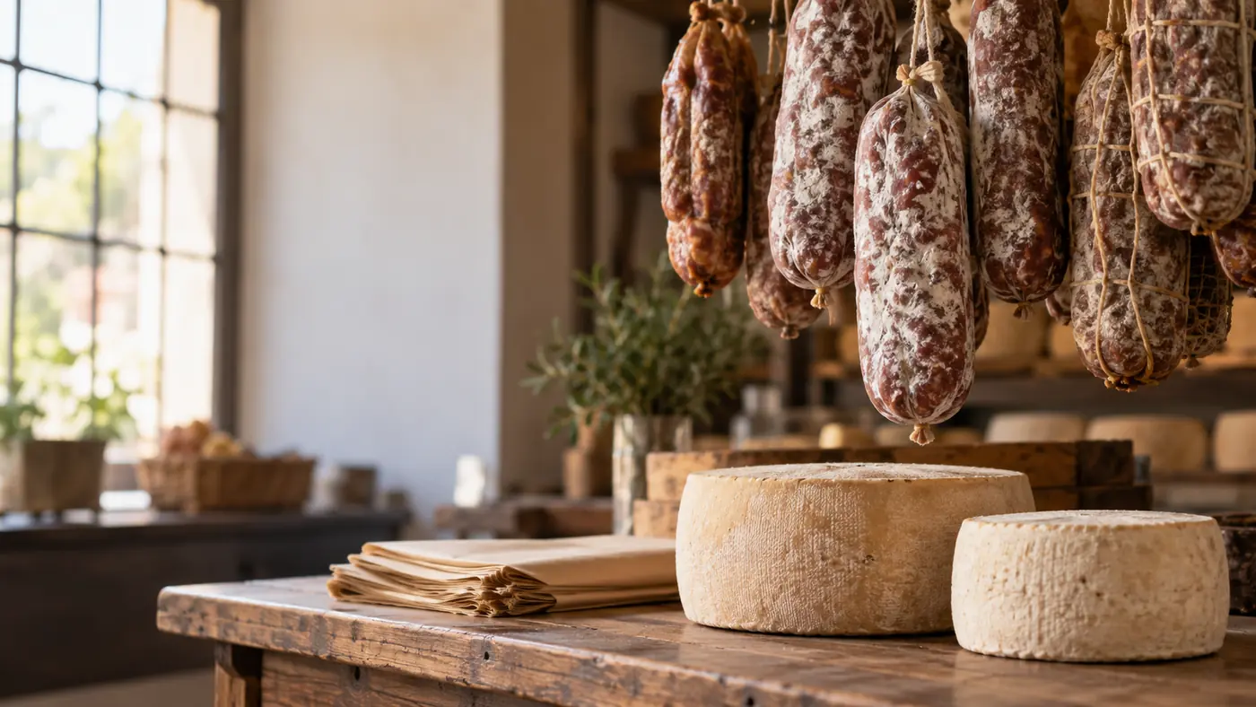 Whole cured sausages and wheels of cheese arranged on a market counter