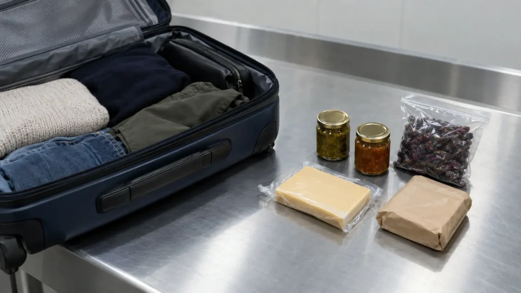 Sealed packaged food items arranged beside an open suitcase on an inspection table, the situation faced when bringing food into Canada