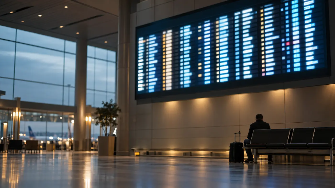 Illuminated departures information board mounted high in a terminal with a seated traveller below