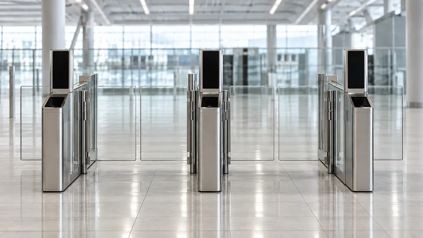 Row of automated glass gate lanes with document readers in an airport arrivals area