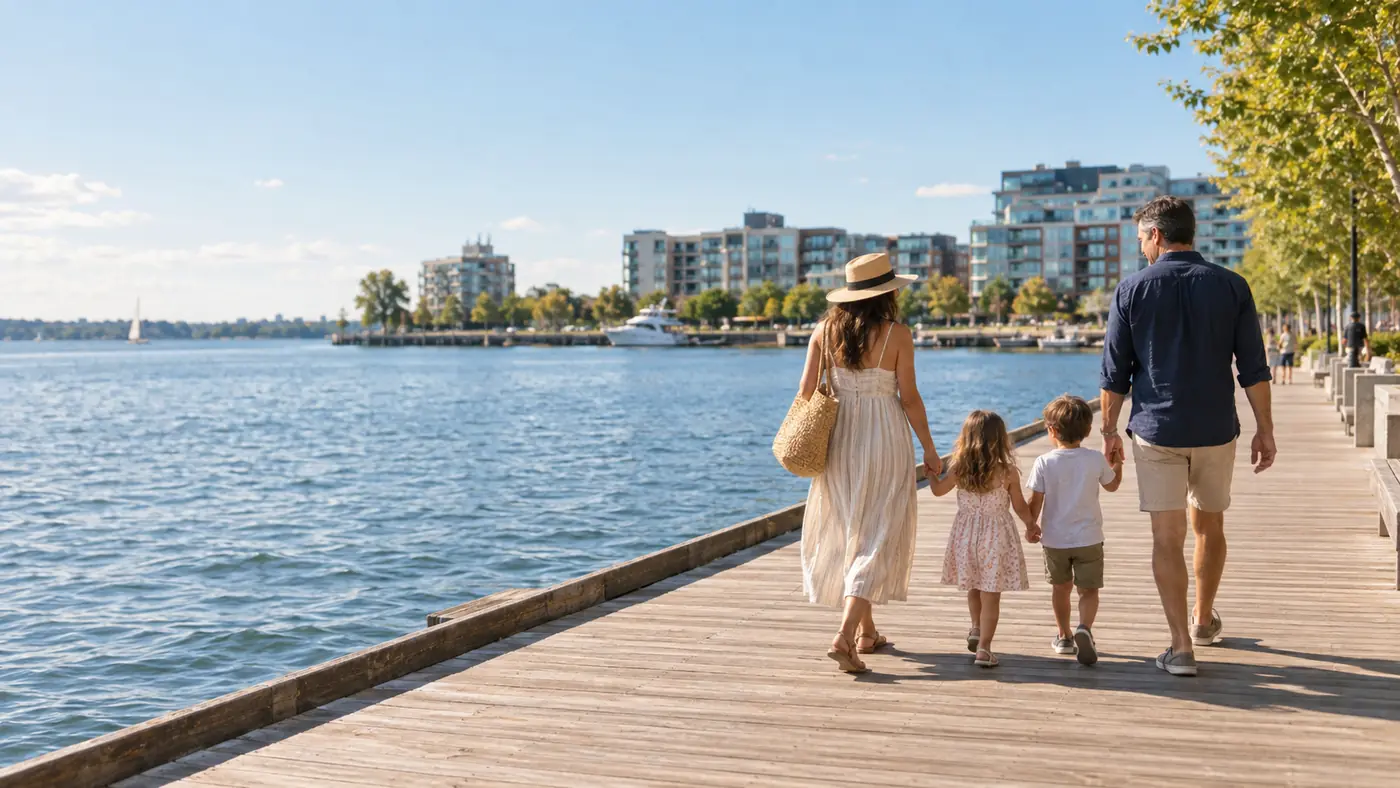 Parents and two children walking along a wooden waterfront boardwalk beside calm harbour water on a summer day