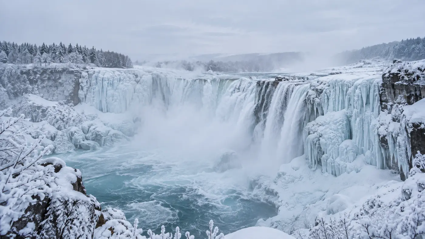 Waterfall partly encased in ice and snow, with frozen spray coating the surrounding rocks and railings