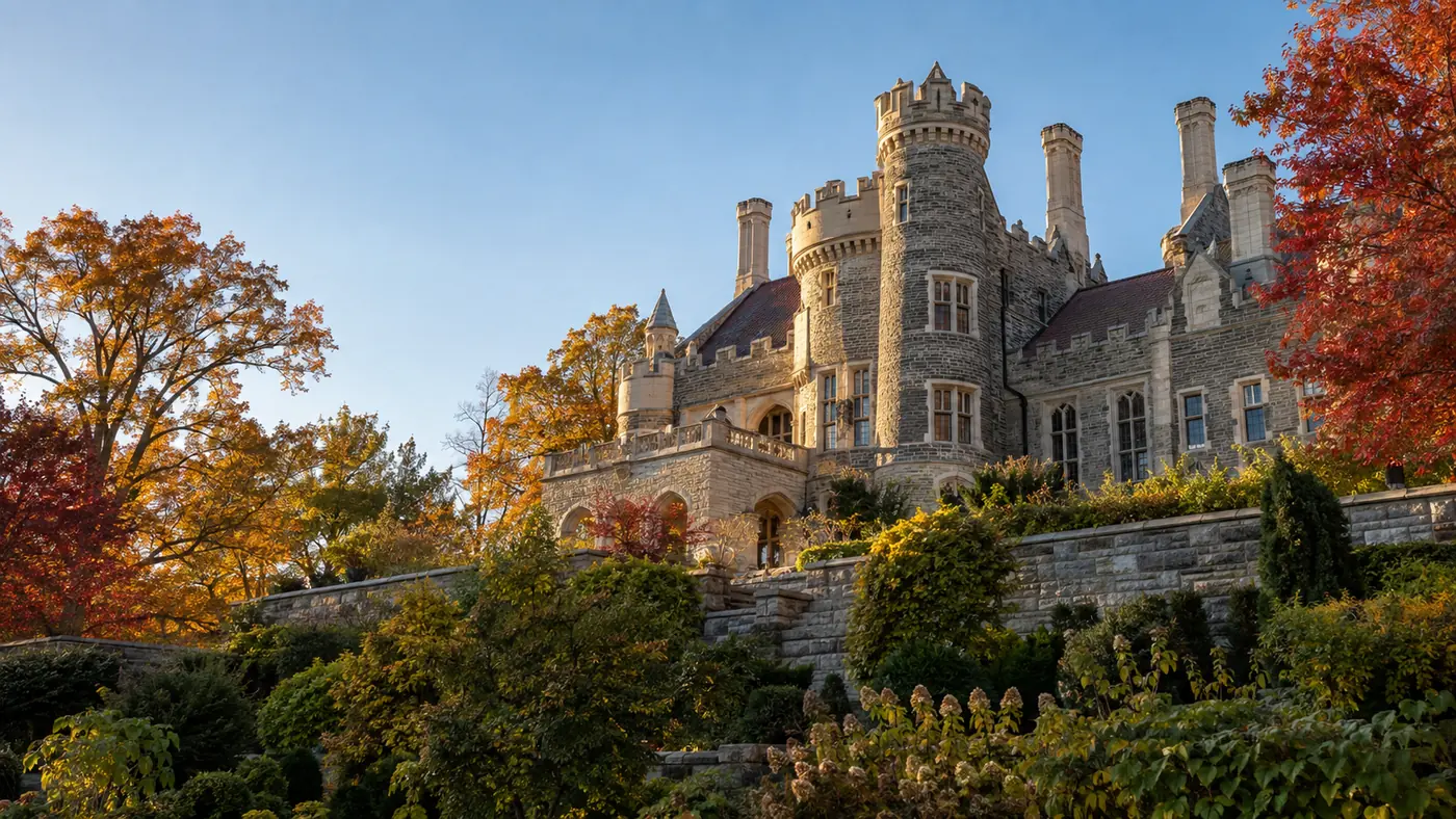 Stone Gothic Revival mansion with turrets and towers above landscaped gardens in autumn