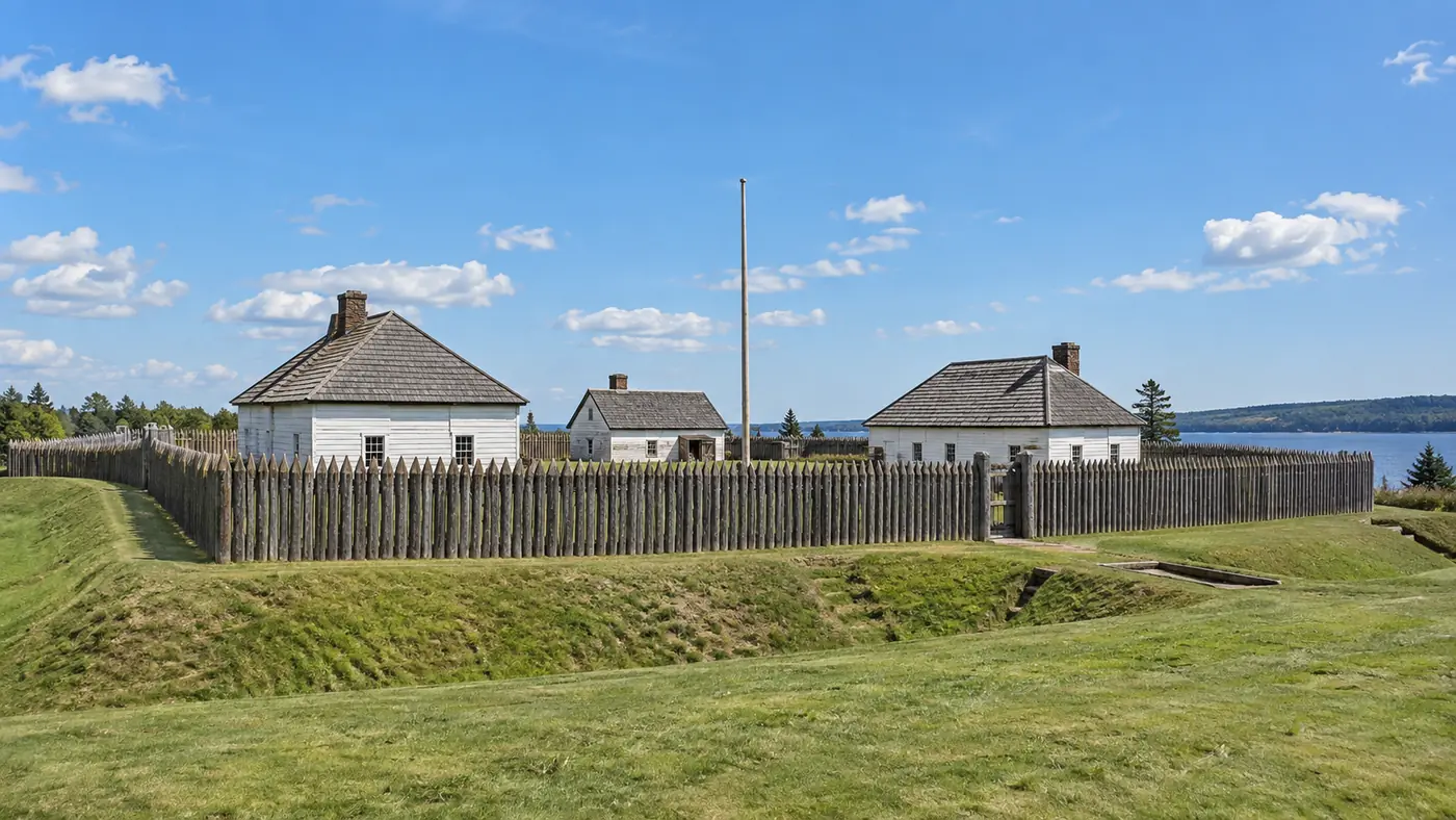 Restored early nineteenth-century fort with wooden palisade, grass earthworks and whitewashed buildings under a blue sky