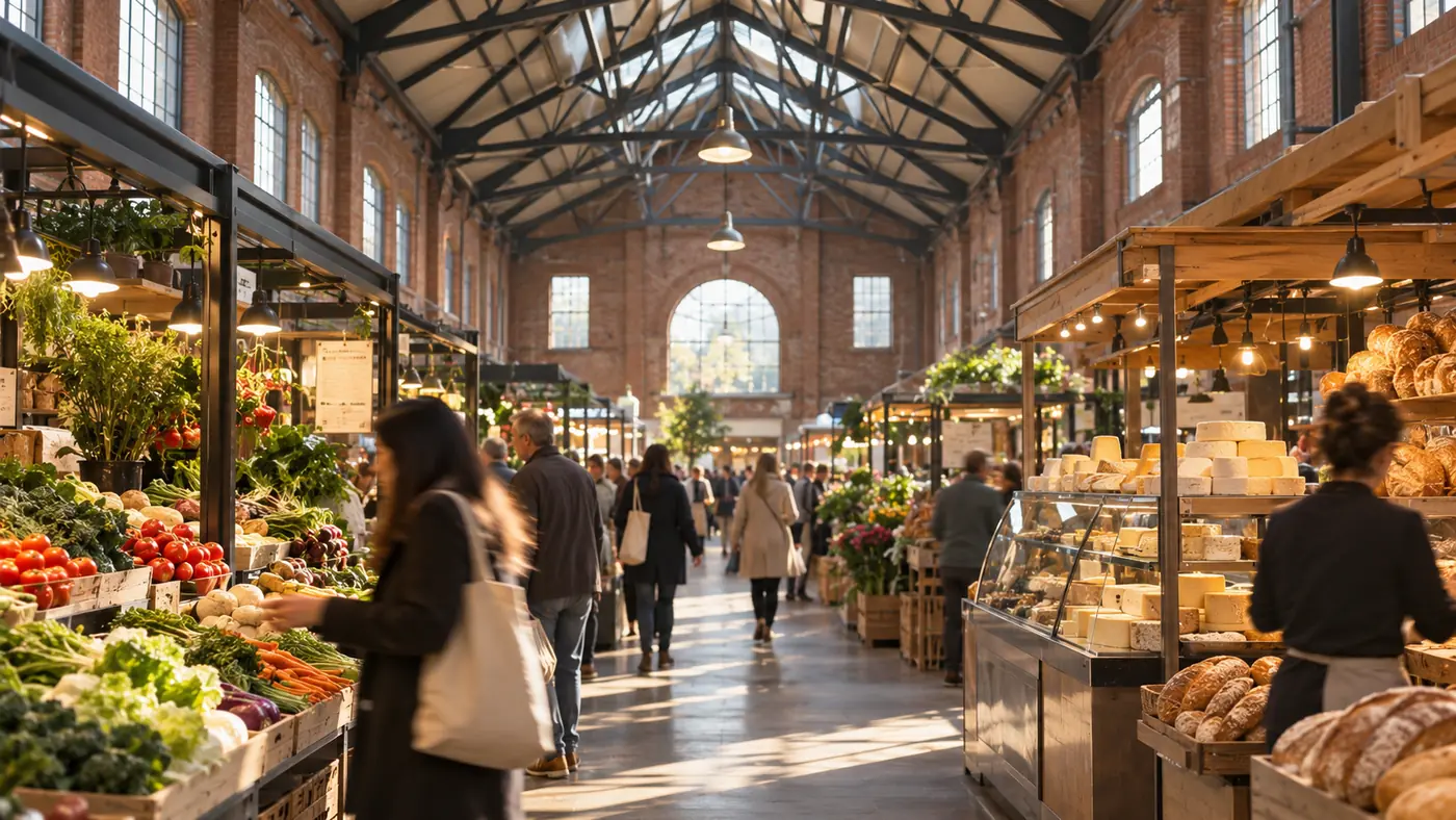 Morning shoppers browsing produce and bakery stalls beneath the high brick-and-steel roof of a historic market hall