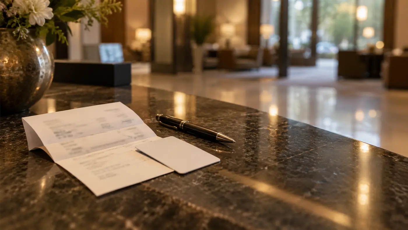 Folded printed hotel invoice and a key card resting on a polished reception desk