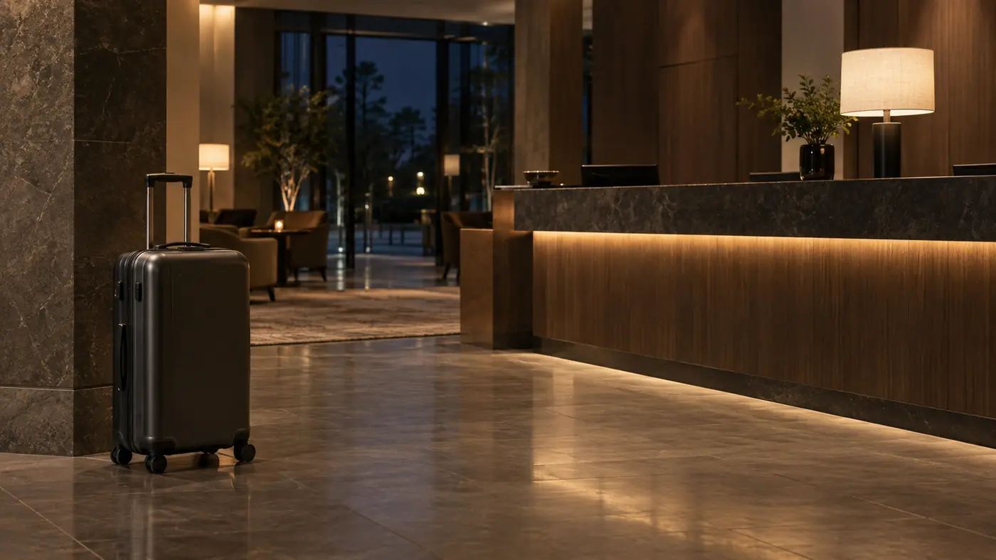 Suitcase standing beside a reception desk in a quiet hotel lobby late at night