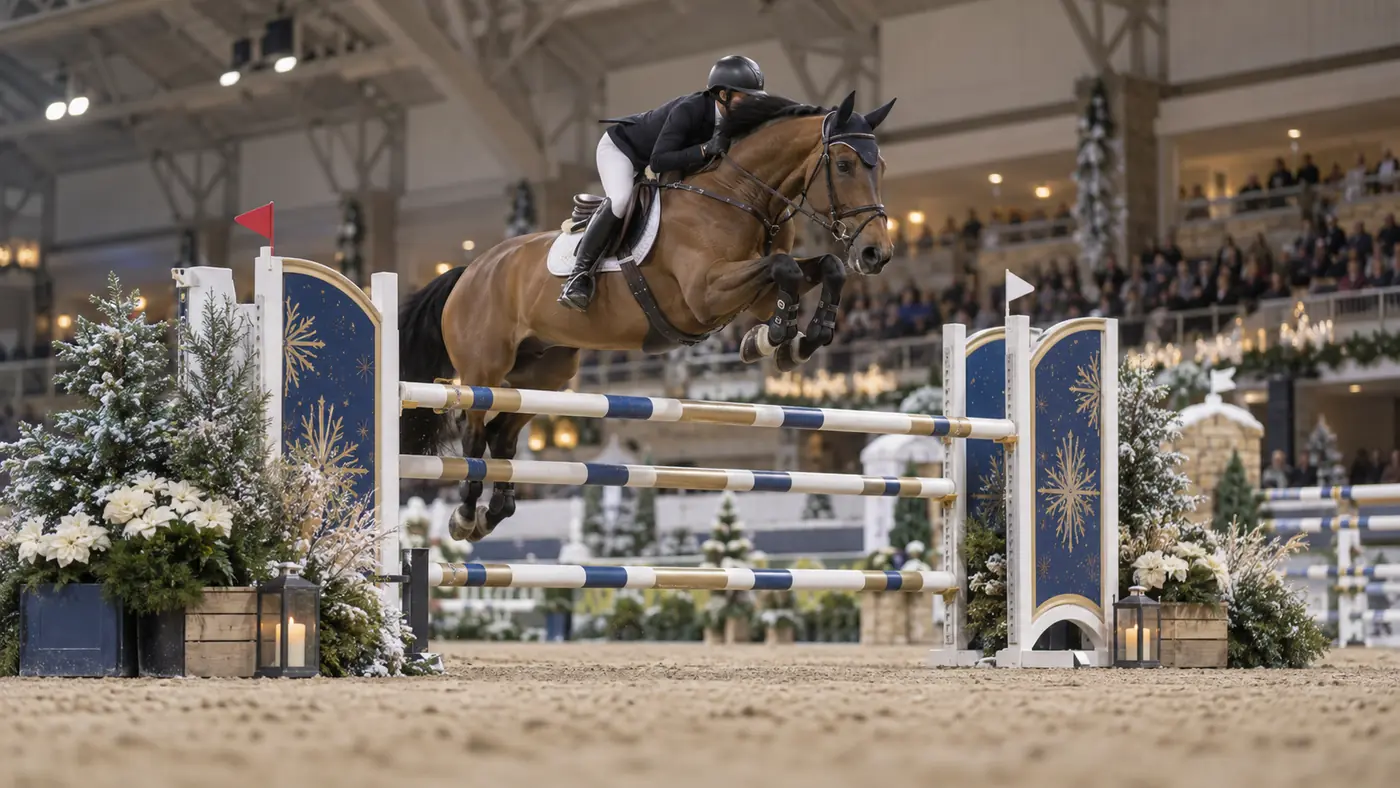 Horse and rider clearing a show jump in a large indoor arena with spectators in the stands