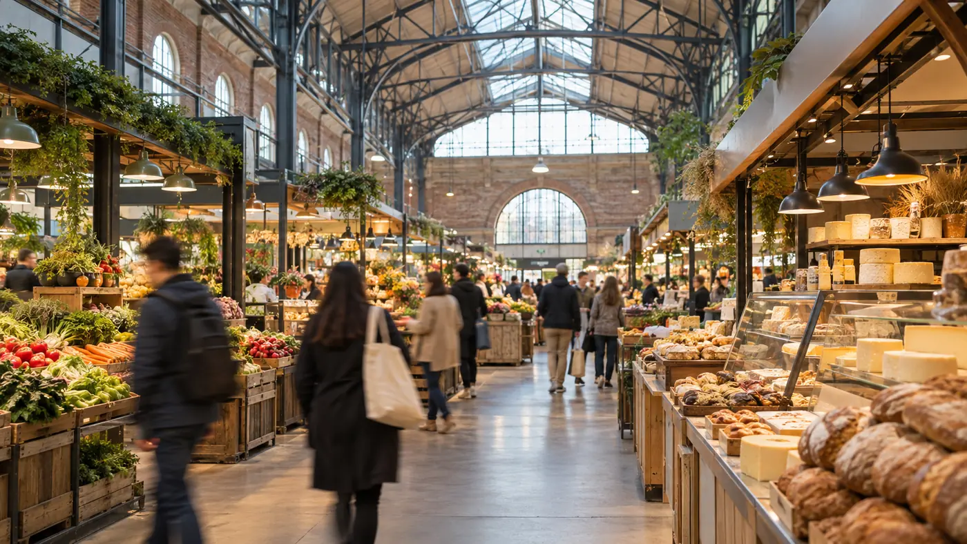 Busy interior of a historic indoor food market hall with produce and deli stalls under a high roof