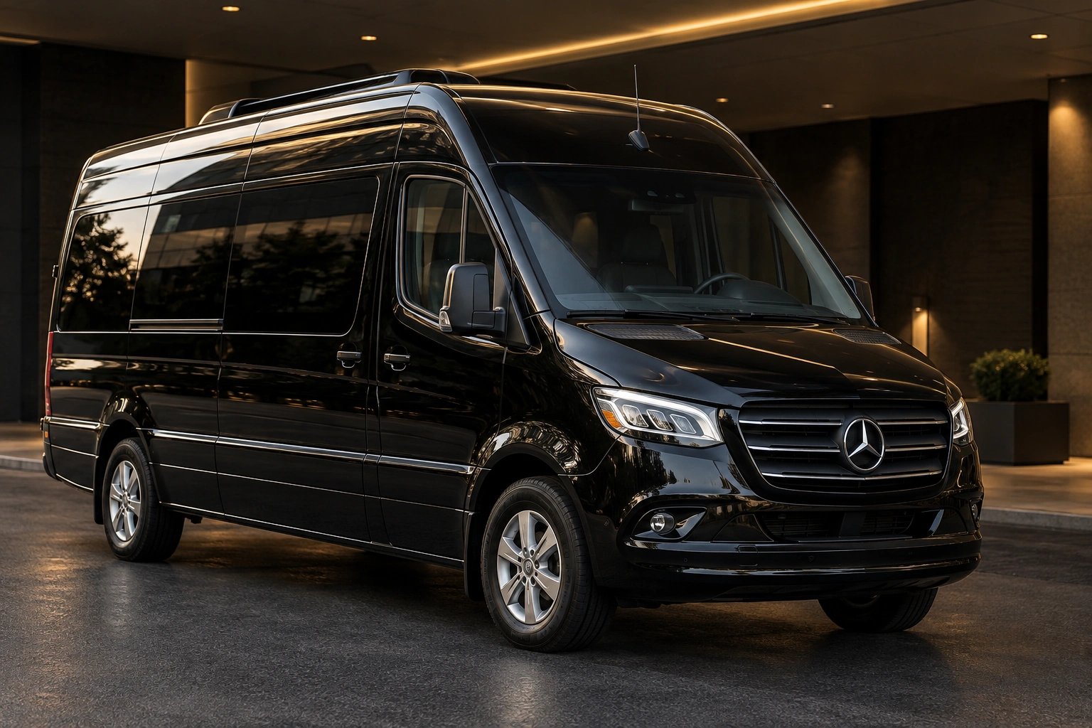 Black Mercedes-Benz Sprinter passenger van for corporate team and wedding group transportation in Toronto