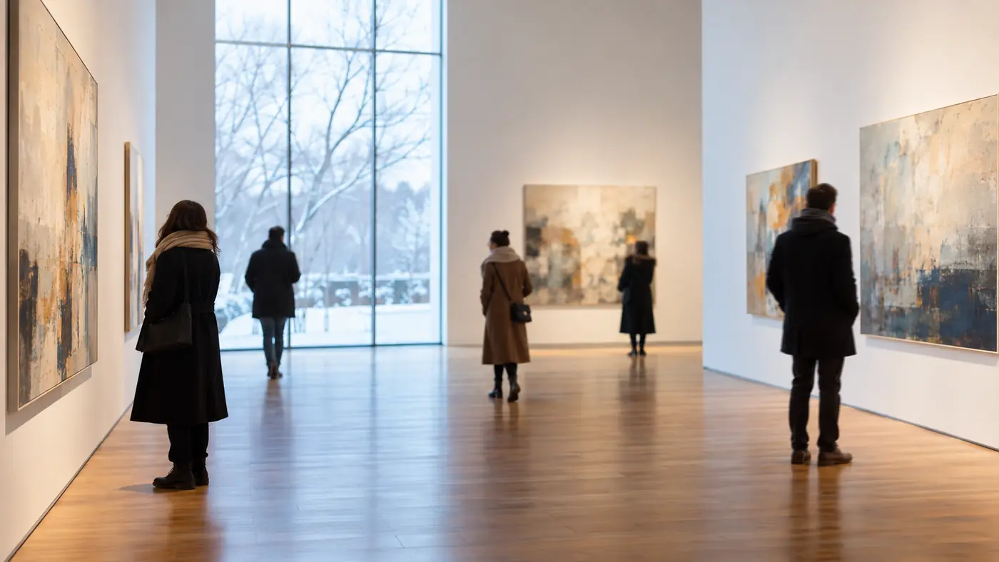 Visitors in winter coats walking through a bright modern museum gallery with tall windows