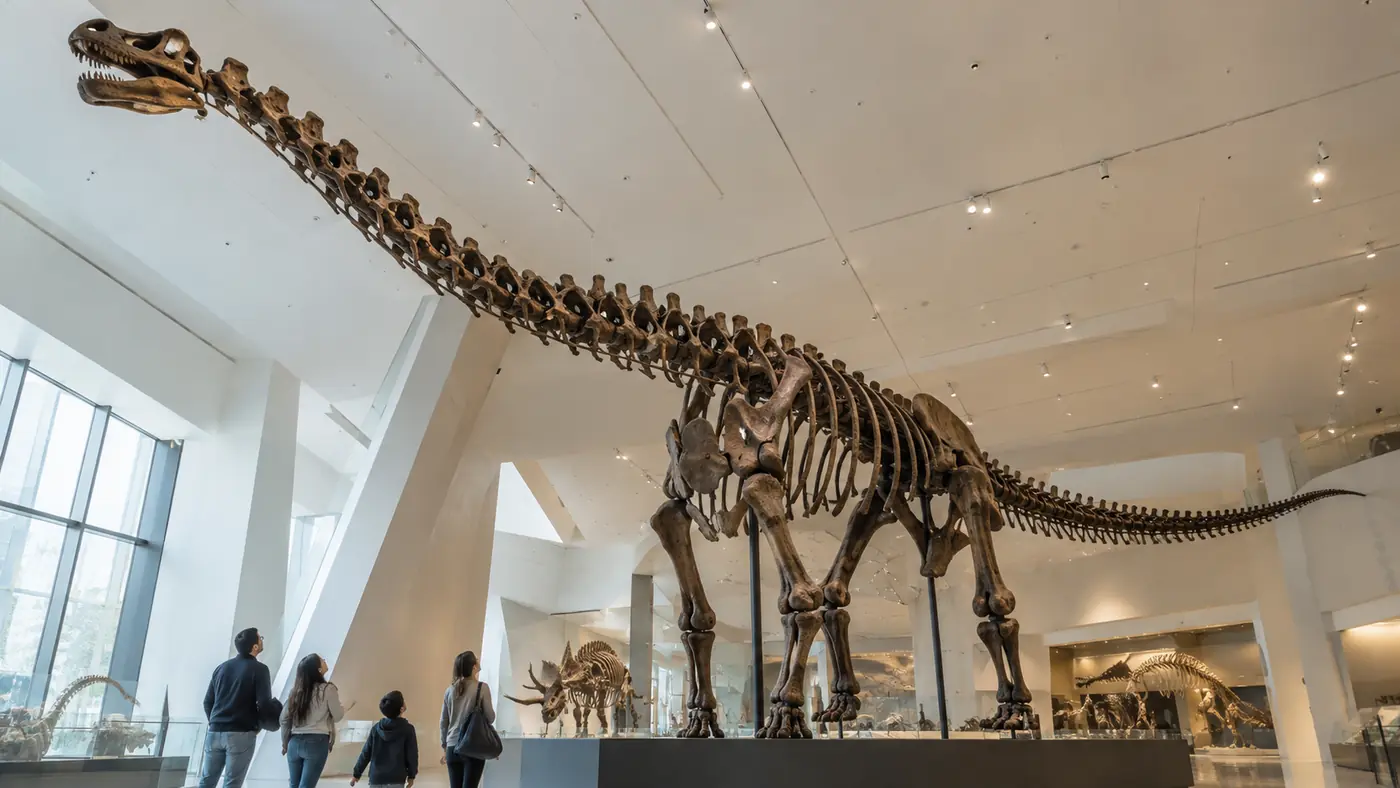Visitors looking up at a large dinosaur skeleton in a bright natural history museum gallery