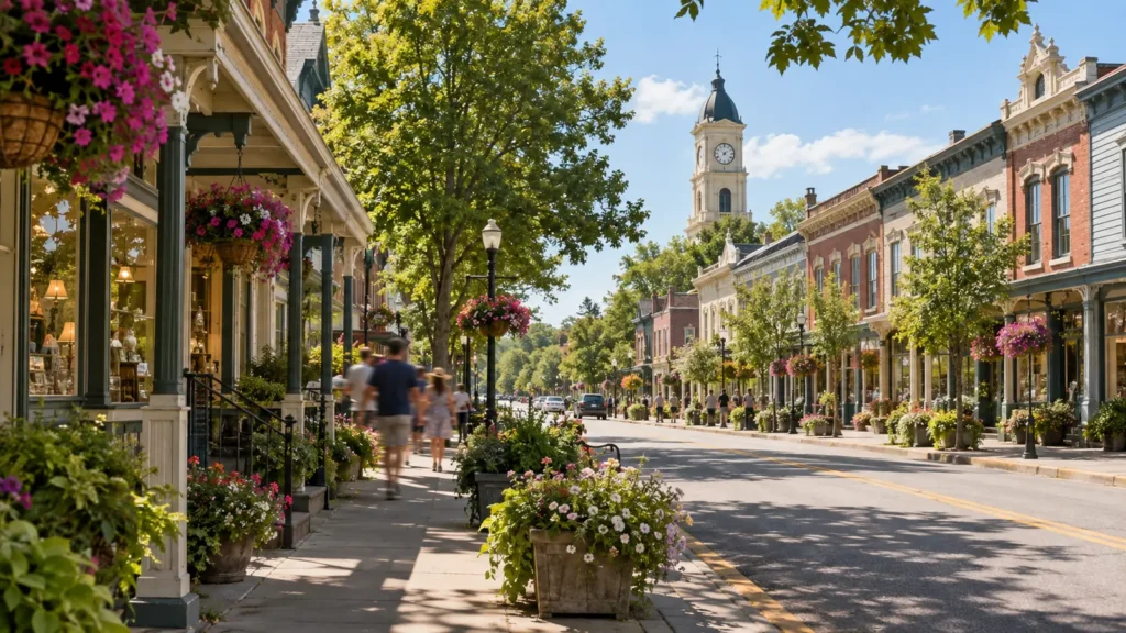 Nineteenth-century main street lined with painted shopfronts, verandahs and hanging flower baskets on a summer afternoon