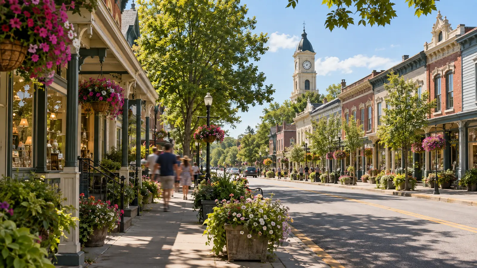 Nineteenth-century main street lined with painted shopfronts, verandahs and hanging flower baskets on a summer afternoon