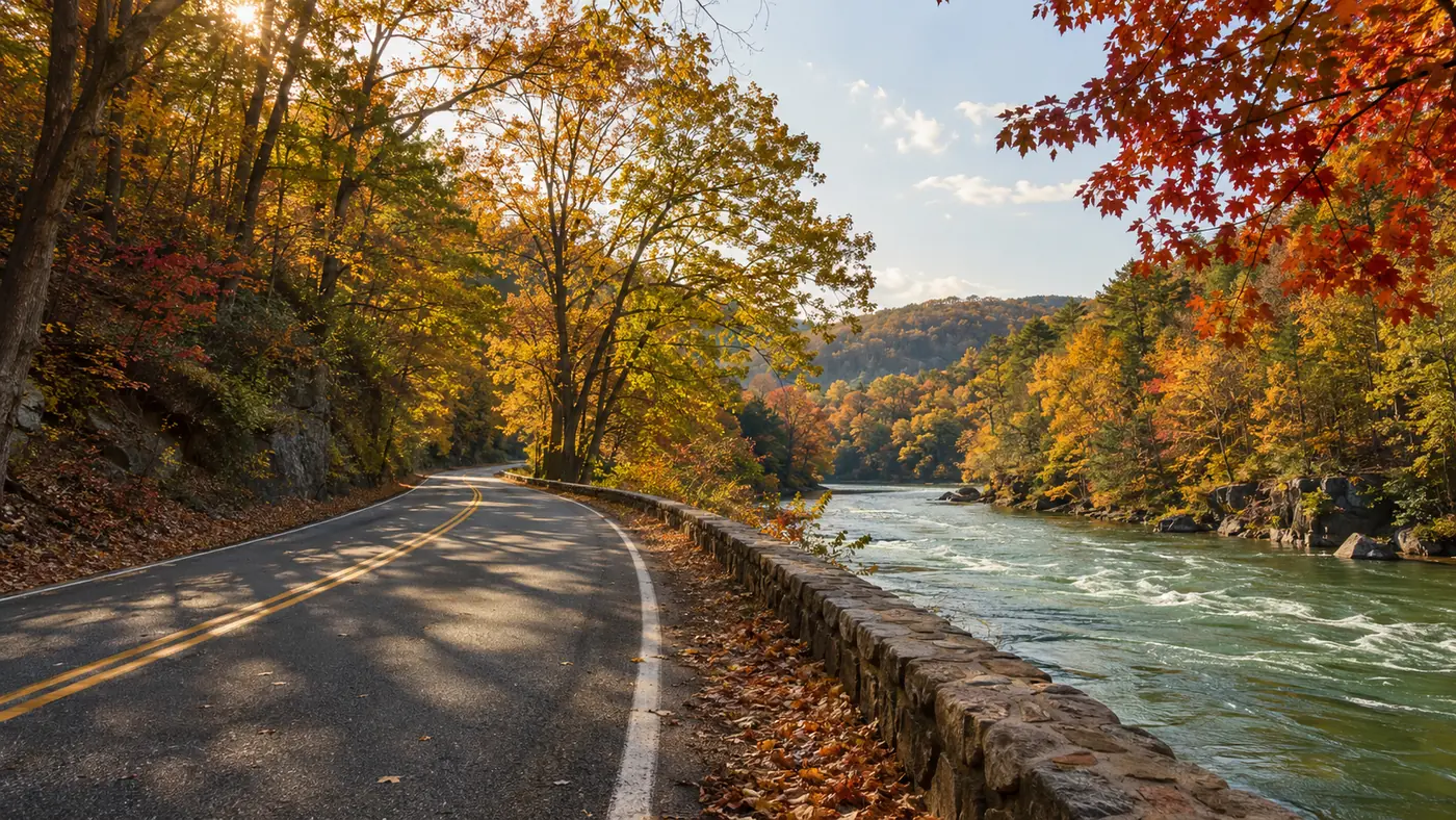Two-lane road curving alongside a wide green river with autumn trees on both sides