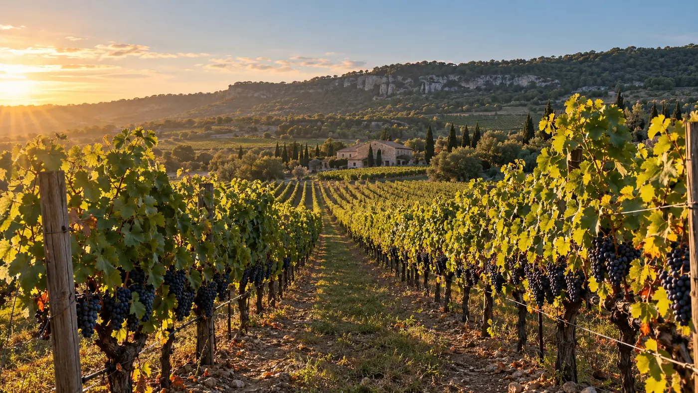 Long rows of grapevines heavy with fruit running toward a distant escarpment in late afternoon light