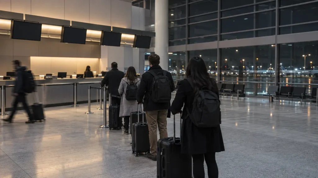 Travellers queuing with luggage at an airline counter in a quiet terminal at night after a Pearson flight cancelled announcement