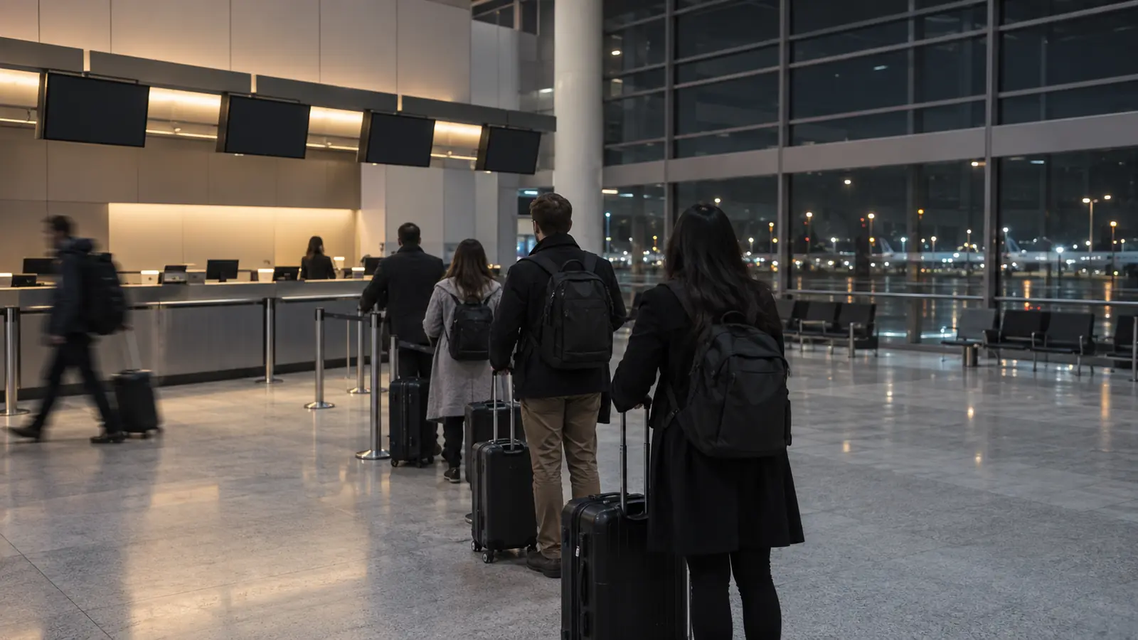 Travellers queuing with luggage at an airline counter in a quiet terminal at night after a Pearson flight cancelled announcement