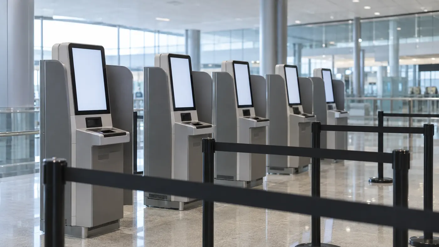 Row of self-service border inspection kiosks with privacy panels in an airport arrivals hall