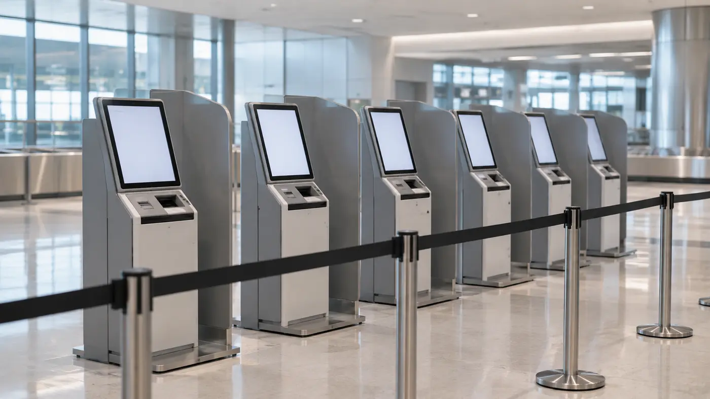 Row of upright self-service inspection kiosks with privacy panels in an airport arrivals hall