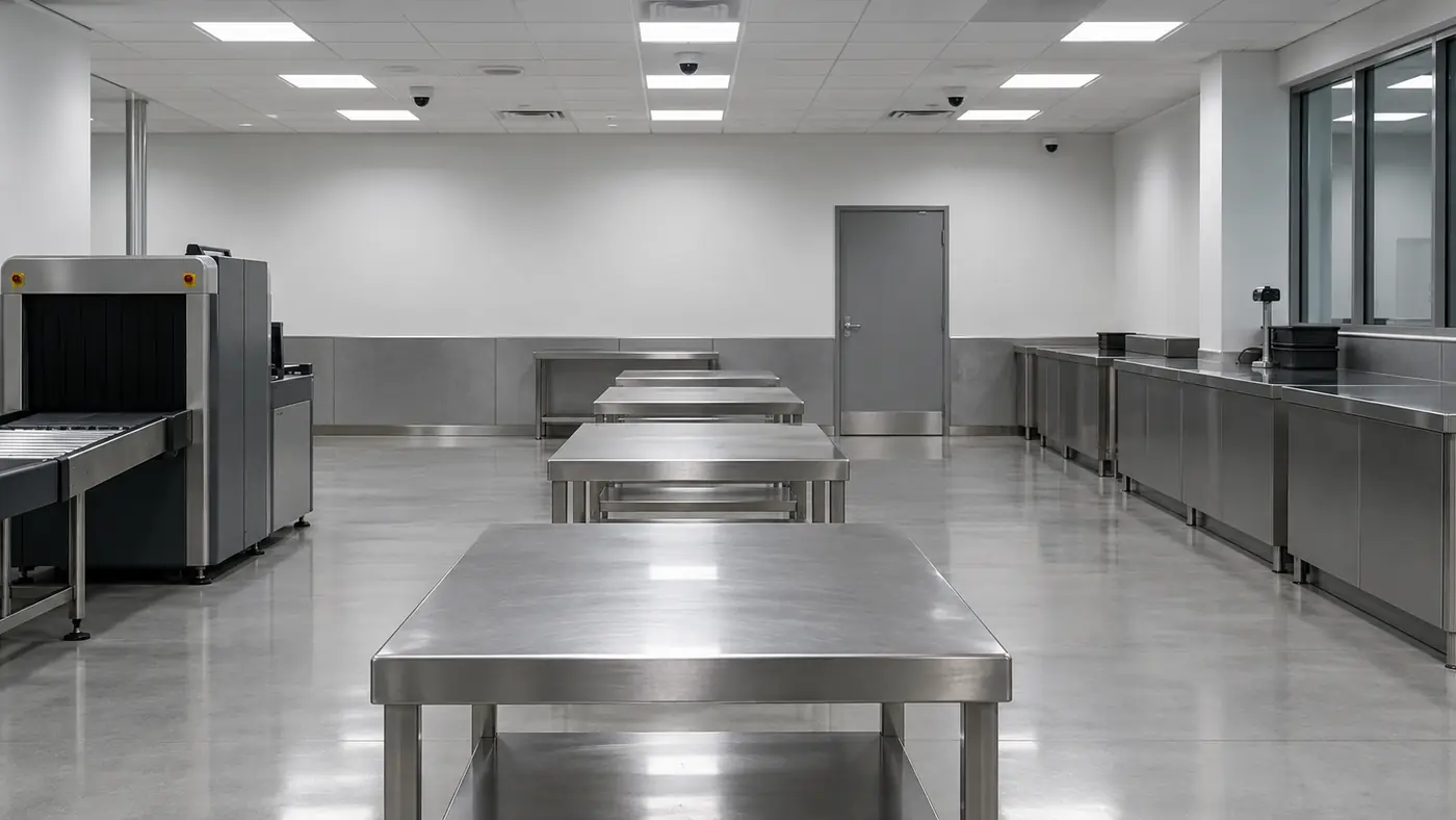 Row of stainless steel examination tables in an empty border secondary inspection area