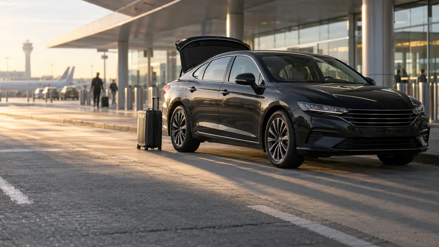 Dark sedan stopped at an airport departures curb at dawn with a suitcase on the pavement beside it