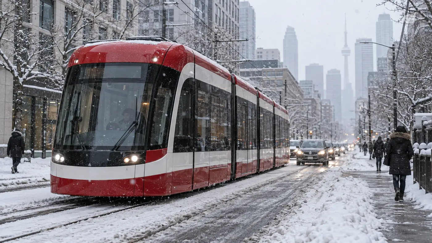 Streetcar moving along a snow-covered downtown street with traffic and pedestrians in winter