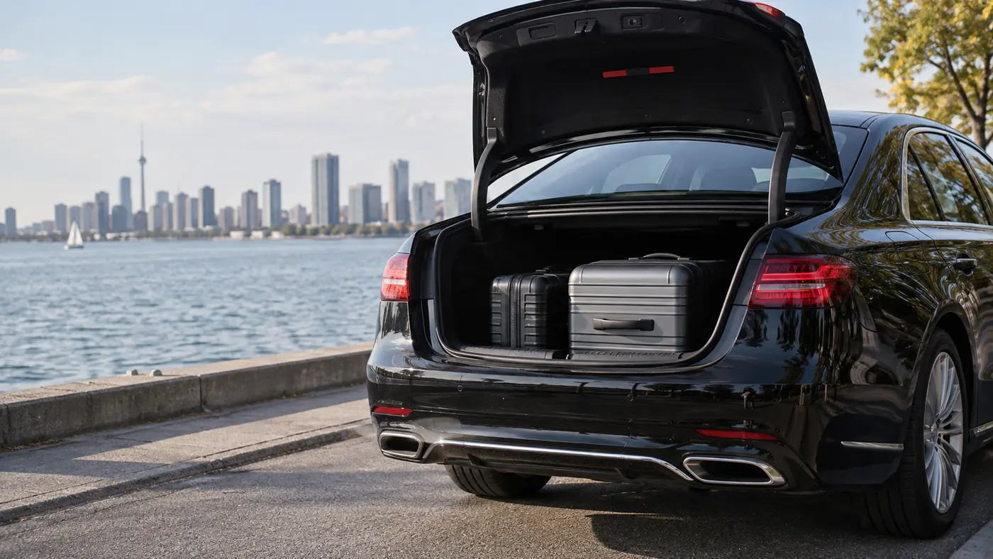 Open boot of a black sedan holding two suitcases, parked on a waterfront street with the harbour behind